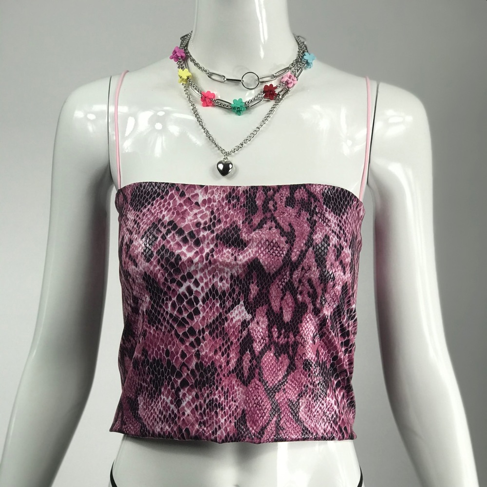 90s Y2K style pink snake spaghetti strap crop top